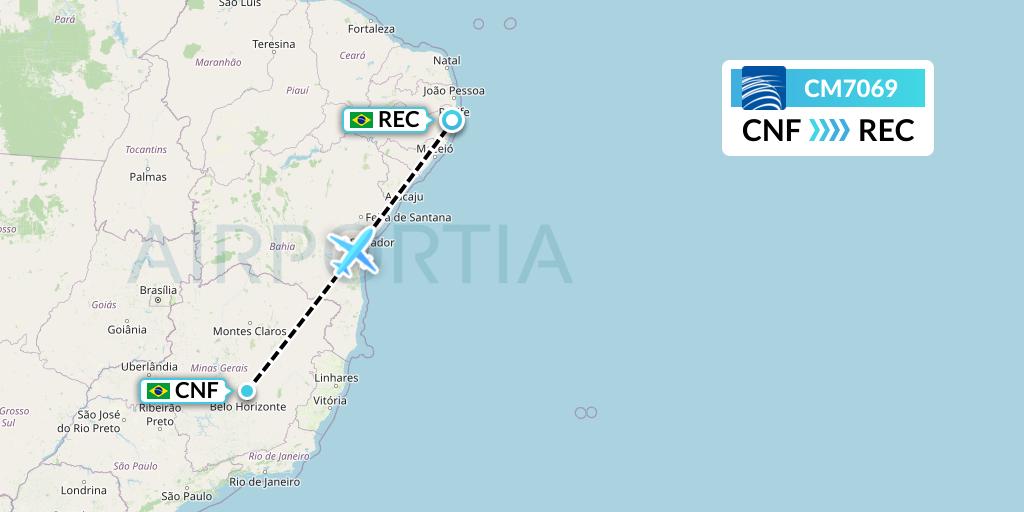 CM7069 Copa Airlines Flight Map: Belo Horizonte to Recife