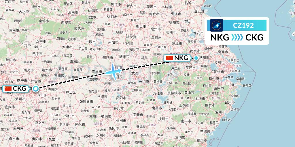 CZ192 China Southern Airlines Flight Map: Nanjing to Chongqing