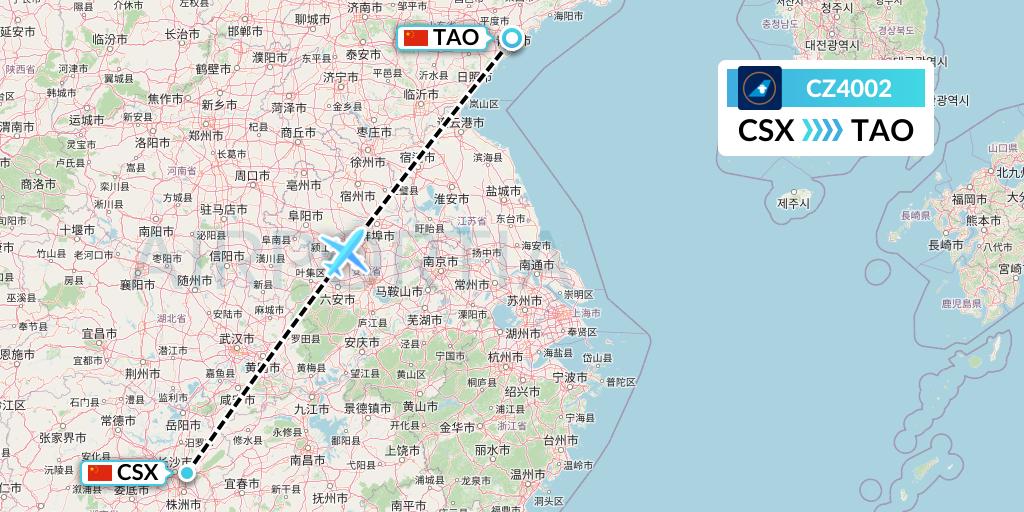 CZ4002 China Southern Airlines Flight Map: Changsha to Qingdao