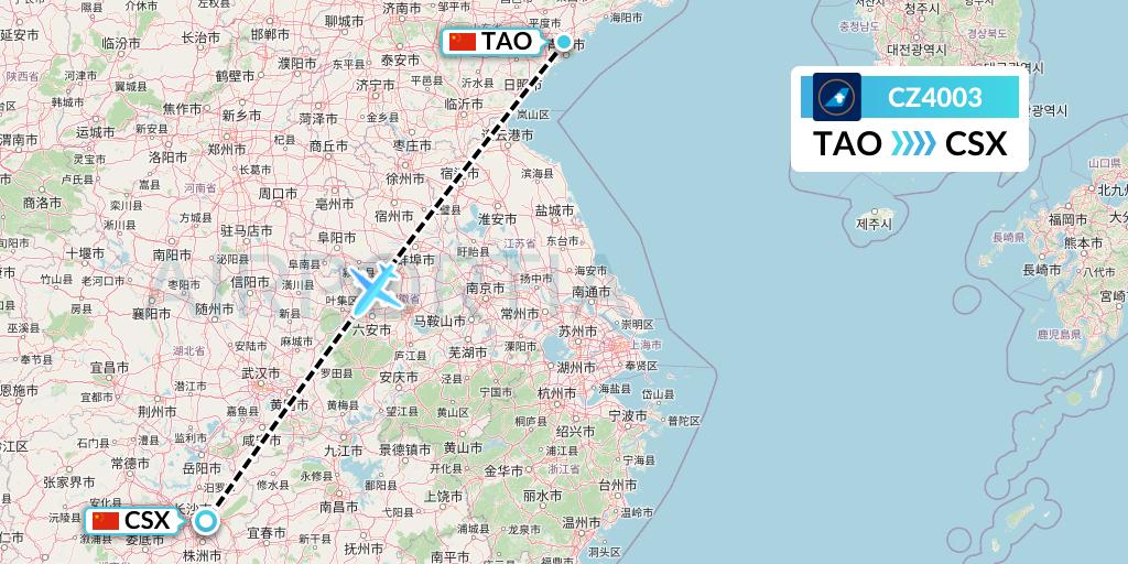 CZ4003 China Southern Airlines Flight Map: Qingdao to Changsha