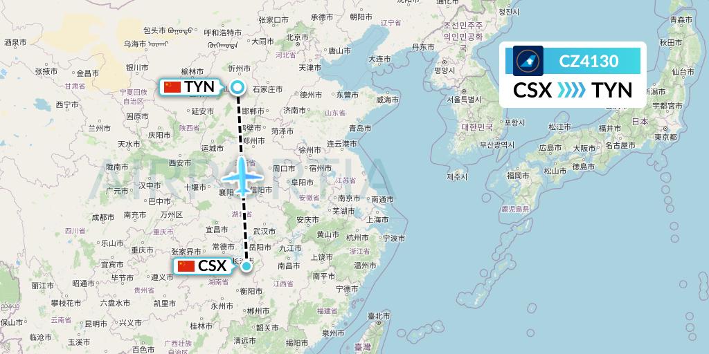 CZ4130 China Southern Airlines Flight Map: Changsha to Taiyuan