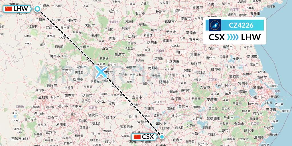 CZ4226 China Southern Airlines Flight Map: Changsha to Lanzhou