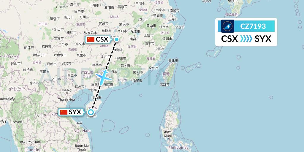 CZ7193 China Southern Airlines Flight Map: Changsha to Sanya