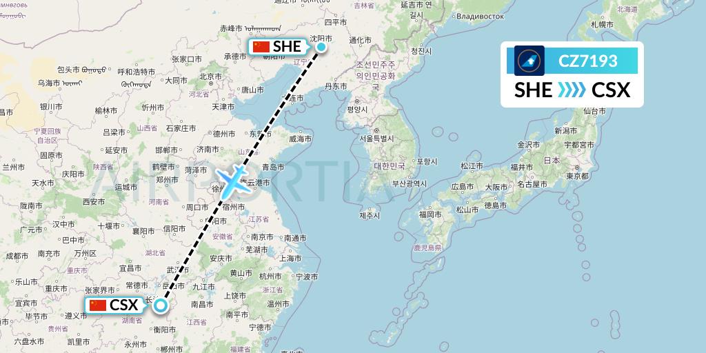 CZ7193 China Southern Airlines Flight Map: Shenyang to Changsha