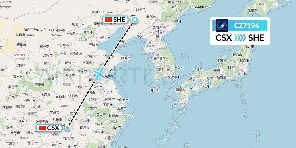 CZ7194 China Southern Airlines Flight Map: Changsha to Shenyang