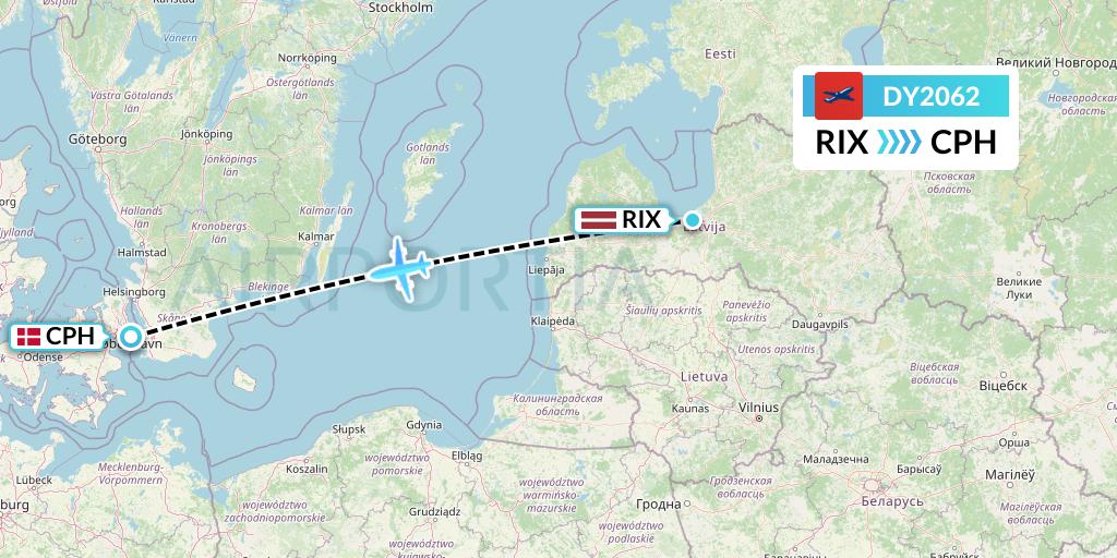 DY2062 Norwegian Flight Map: Riga to Copenhagen