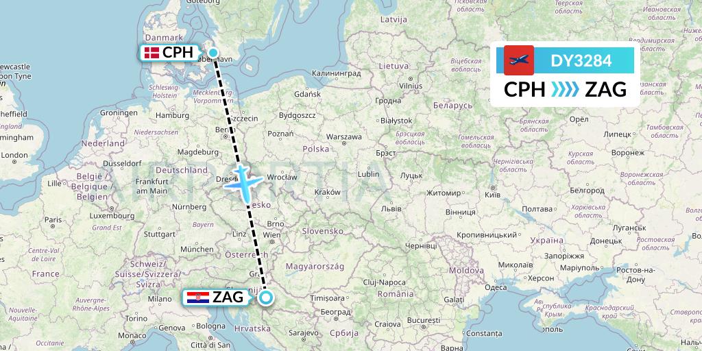 DY3284 Norwegian Flight Map: Copenhagen to Zagreb