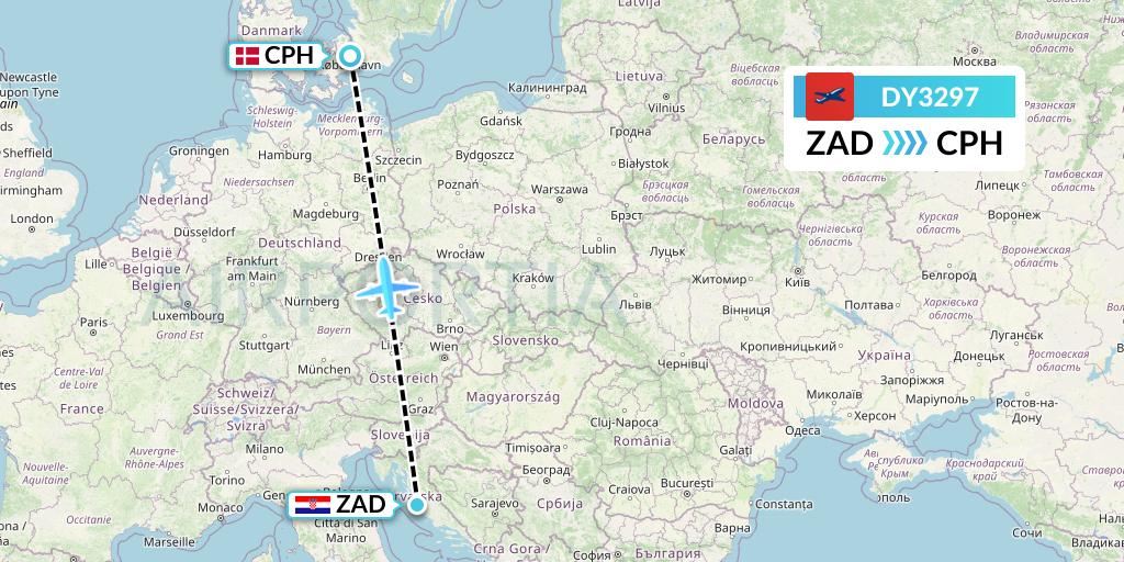 DY3297 Norwegian Flight Map: Zadar to Copenhagen