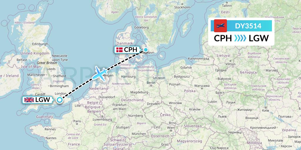 DY3514 Norwegian Flight Map: Copenhagen to London