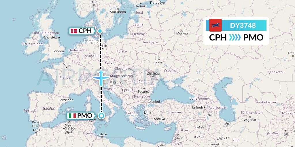DY3748 Norwegian Flight Map: Copenhagen to Palermo