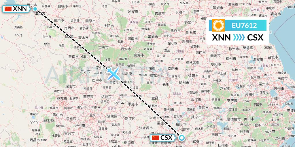 EU7612 Chengdu Airlines Flight Map: Xining to Changsha