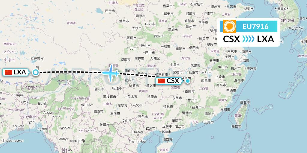 EU7916 Chengdu Airlines Flight Map: Changsha to Lhasa