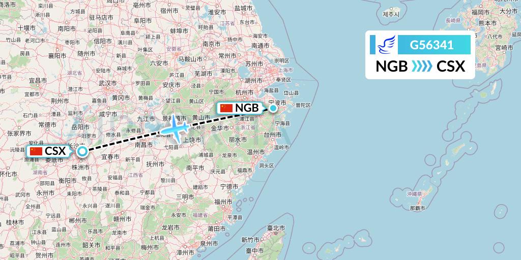 G56341 China Express Airlines Flight Map: Ningbo to Changsha