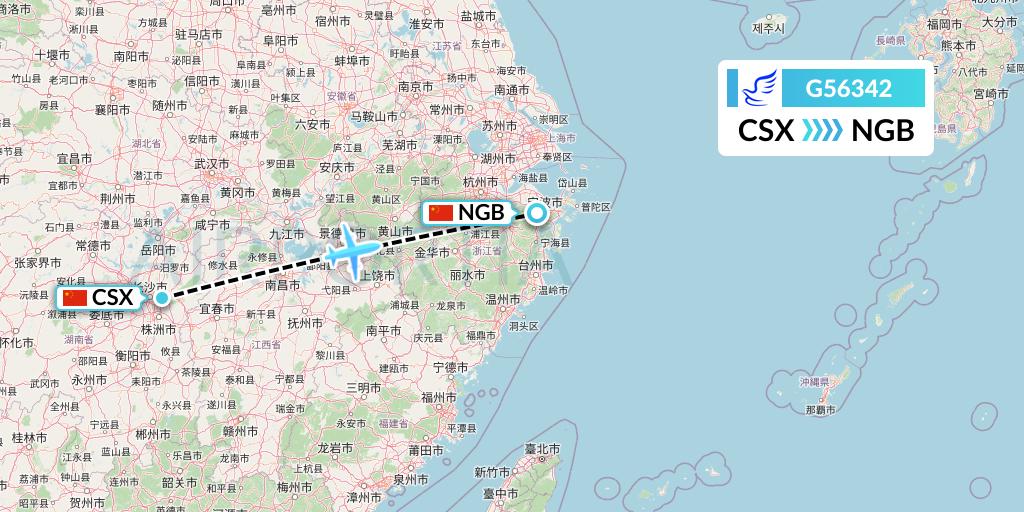 G56342 China Express Airlines Flight Map: Changsha to Ningbo