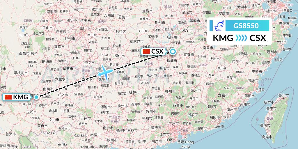 G58550 China Express Airlines Flight Map: Kunming to Changsha