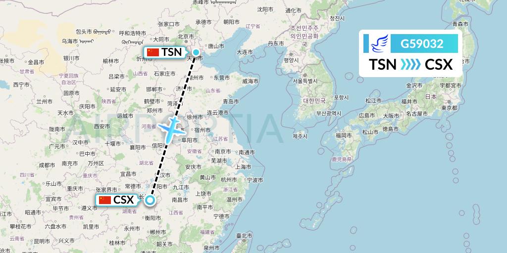 G59032 China Express Airlines Flight Map: Tianjin to Changsha