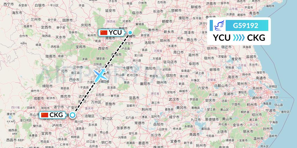 G59192 China Express Airlines Flight Map: Yuncheng to Chongqing
