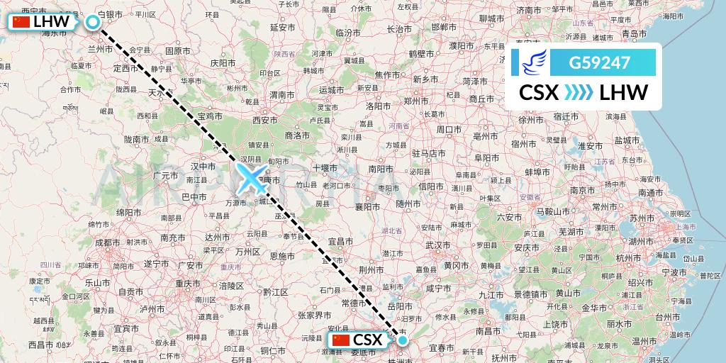 G59247 China Express Airlines Flight Map: Changsha to Lanzhou