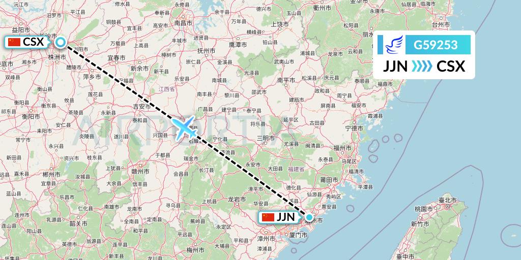 G59253 China Express Airlines Flight Map: Jinjiang to Changsha