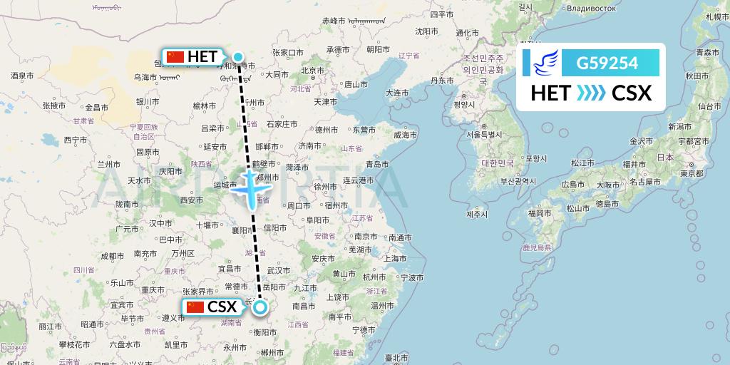 G59254 China Express Airlines Flight Map: Hohhot to Changsha