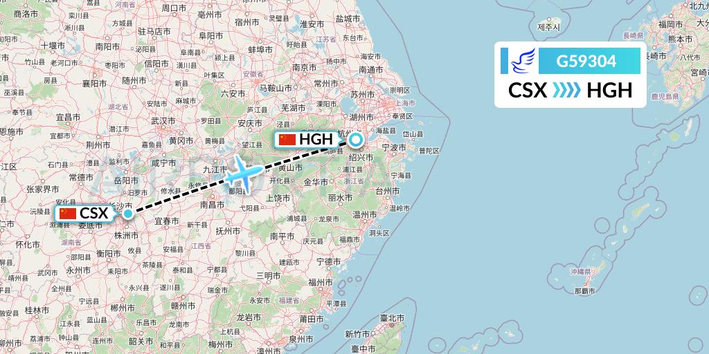 G59304 China Express Airlines Flight Map: Changsha to Hangzhou