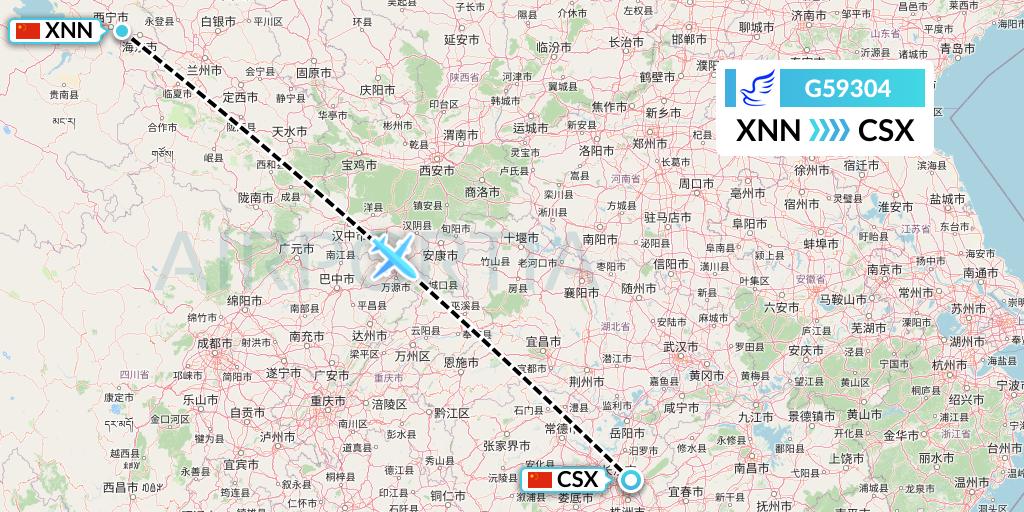 G59304 China Express Airlines Flight Map: Xining to Changsha