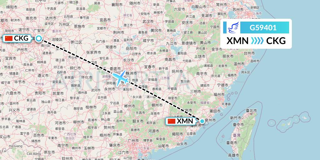 G59401 China Express Airlines Flight Map: Xiamen to Chongqing