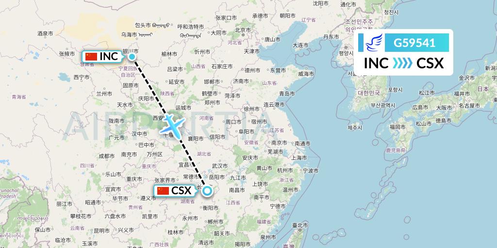 G59541 China Express Airlines Flight Map: Yinchuan to Changsha