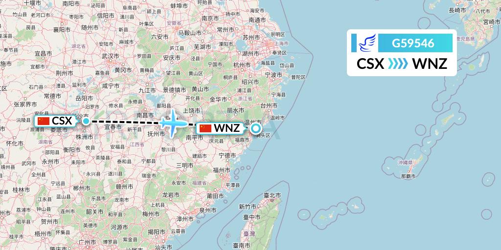 G59546 China Express Airlines Flight Map: Changsha to Wenzhou
