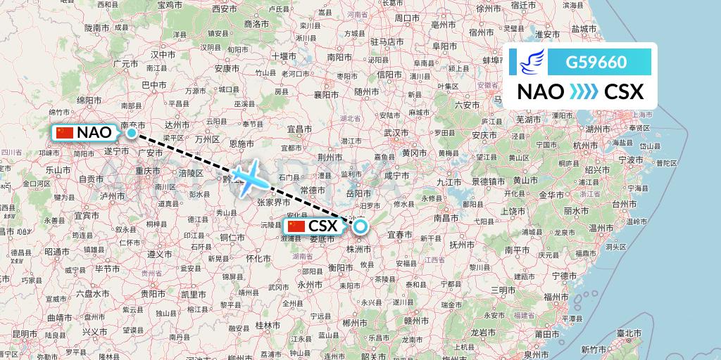 G59660 China Express Airlines Flight Map: Nanchong to Changsha