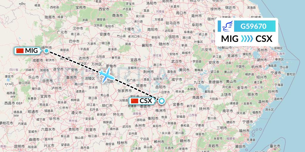 G59670 China Express Airlines Flight Map: Mianyang to Changsha