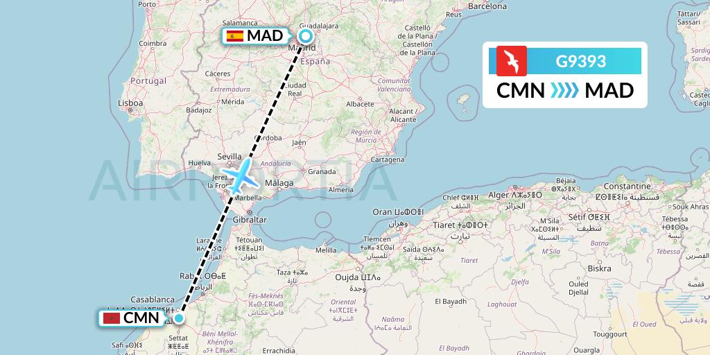 G9393 Air Arabia Flight Map: Casablanca to Madrid