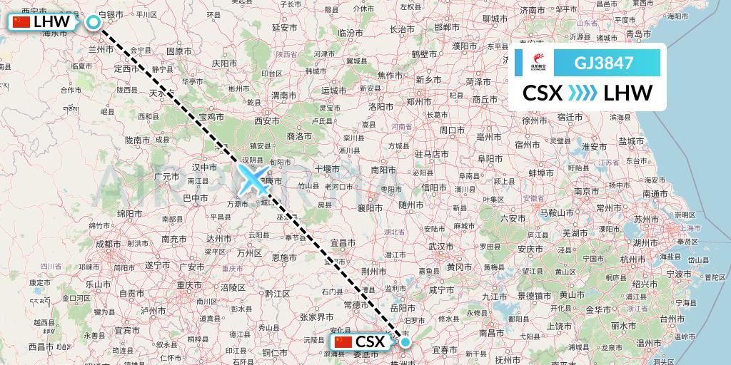 GJ3847 Loong Airlines Flight Map: Changsha to Lanzhou