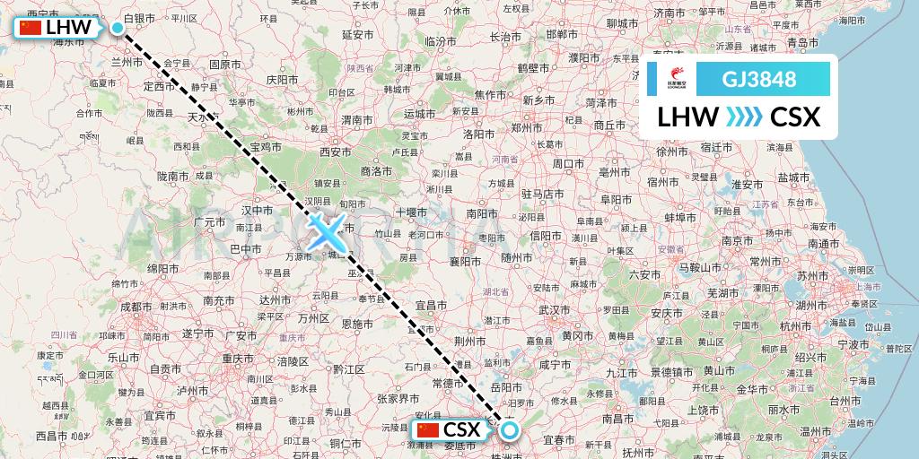 GJ3848 Loong Airlines Flight Map: Lanzhou to Changsha