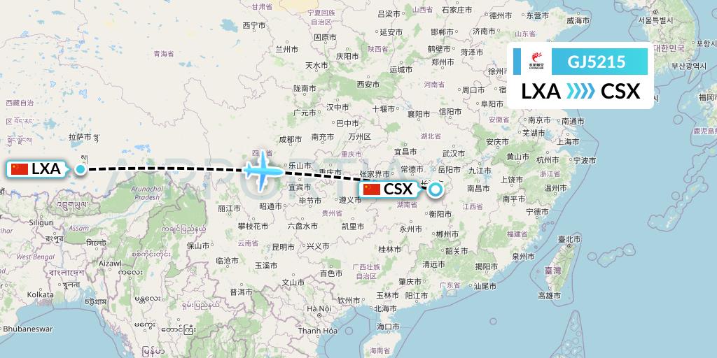 GJ5215 Loong Airlines Flight Map: Lhasa to Changsha