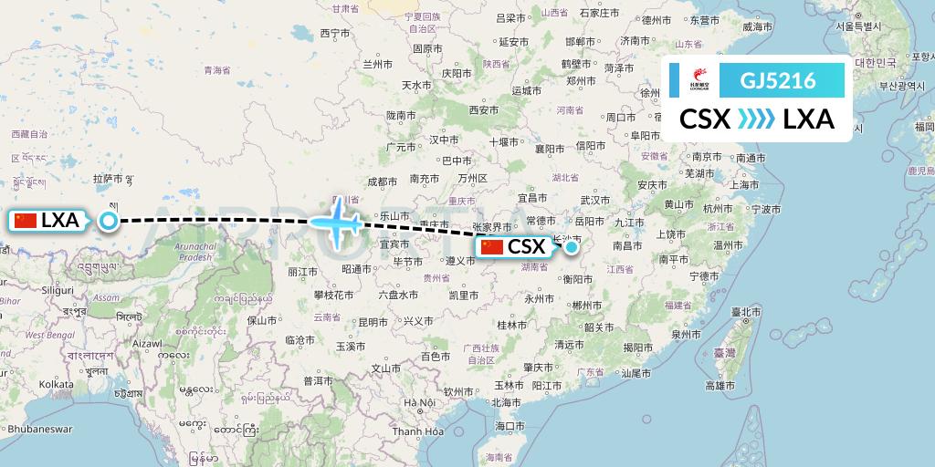 GJ5216 Loong Airlines Flight Map: Changsha to Lhasa
