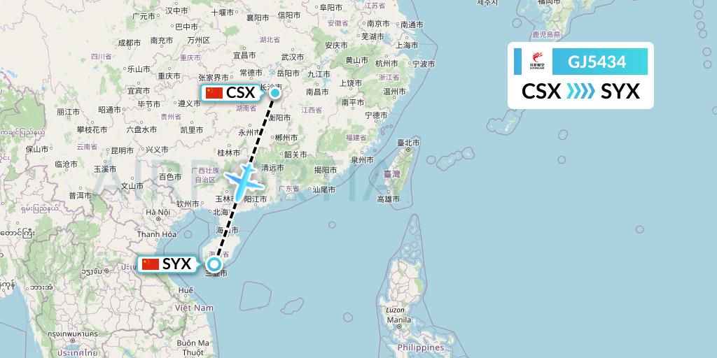 GJ5434 Loong Airlines Flight Map: Changsha to Sanya