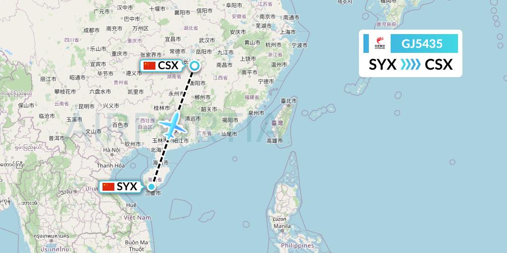 GJ5435 Loong Airlines Flight Map: Sanya to Changsha