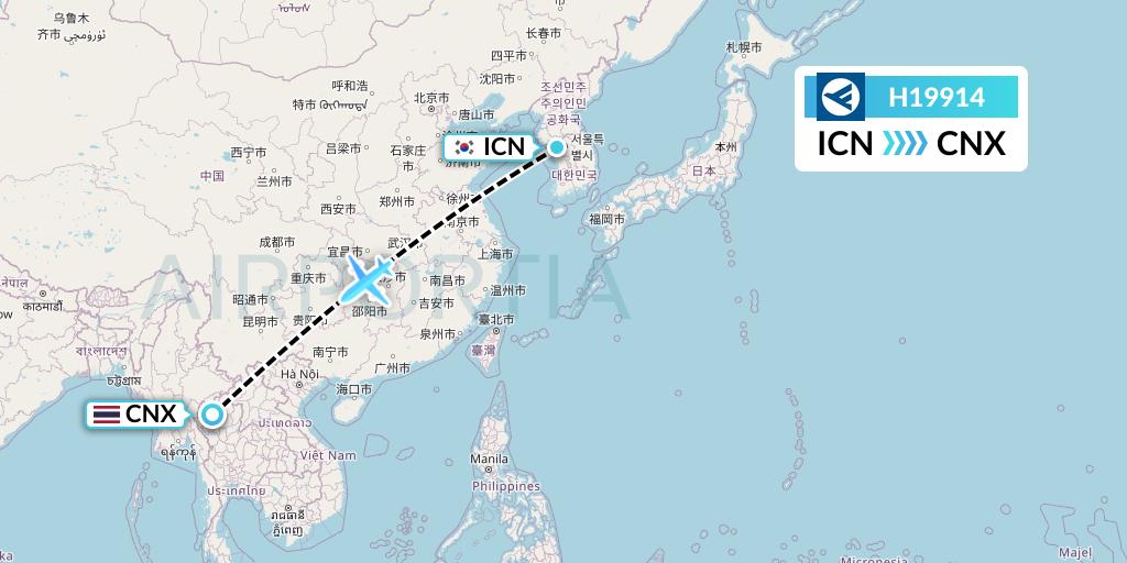 H19914 Hahn Air Systems Flight Map: Seoul to Chiang Mai