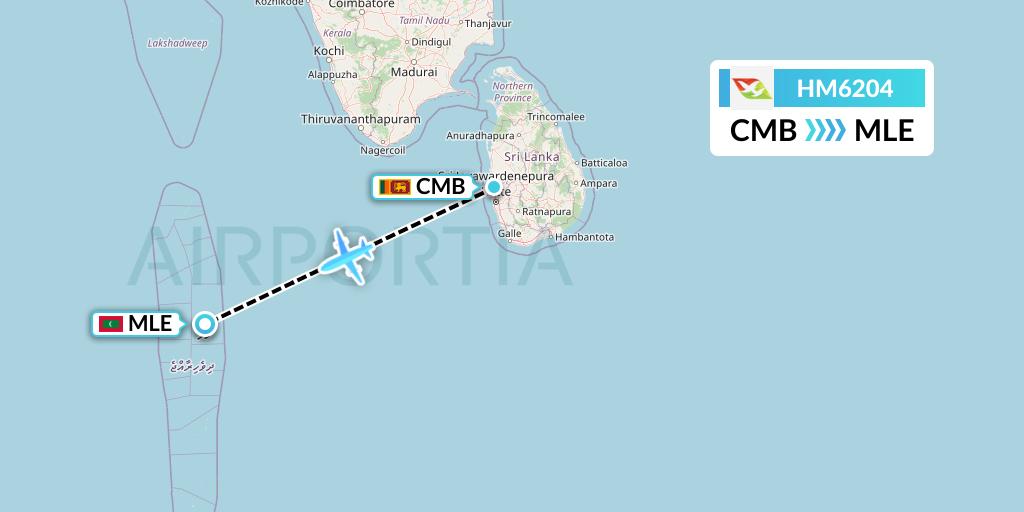 HM6204 Air Seychelles Flight Map: Colombo to Male