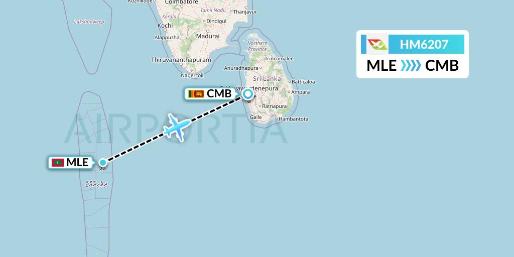 HM6207 Air Seychelles Flight Map: Male to Colombo