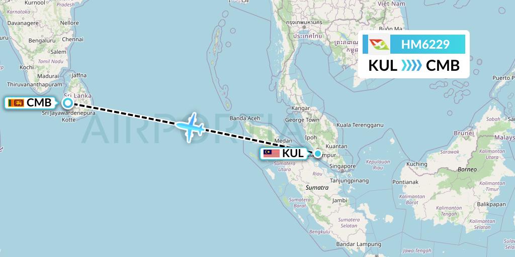HM6229 Air Seychelles Flight Map: Kuala Lumpur to Colombo