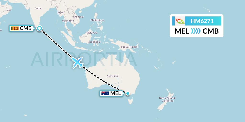 HM6271 Air Seychelles Flight Map: Melbourne to Colombo