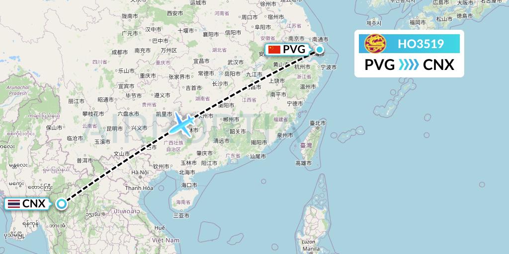 HO3519 Juneyao Airlines Flight Map: Shanghai to Chiang Mai