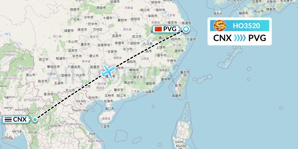 HO3520 Juneyao Airlines Flight Map: Chiang Mai to Shanghai