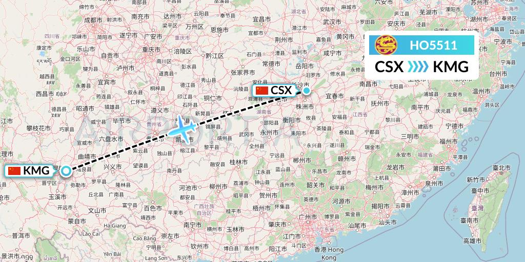 HO5511 Juneyao Airlines Flight Map: Changsha to Kunming