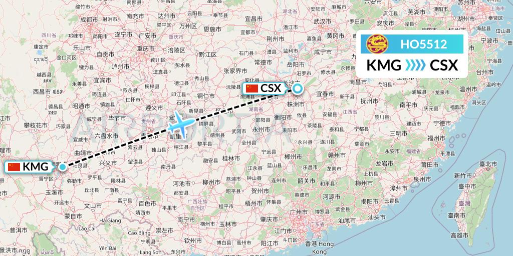 HO5512 Juneyao Airlines Flight Map: Kunming to Changsha