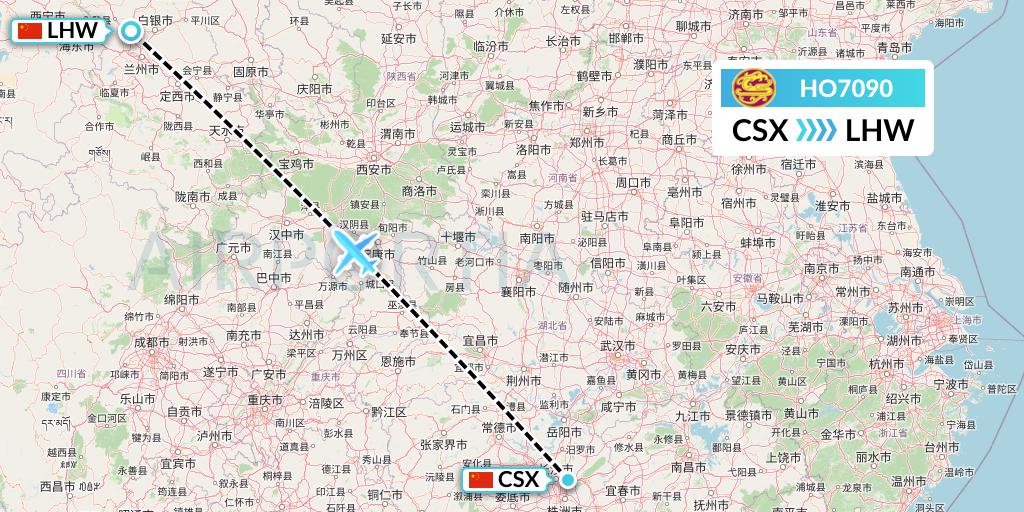 HO7090 Juneyao Airlines Flight Map: Changsha to Lanzhou