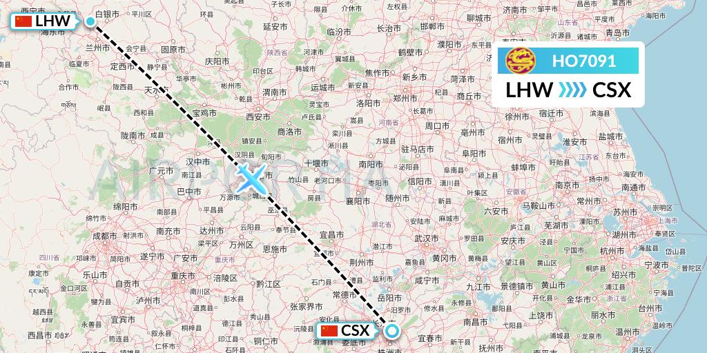HO7091 Juneyao Airlines Flight Map: Lanzhou to Changsha