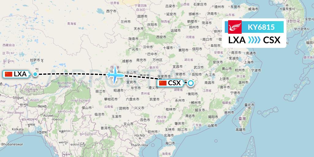 KY6815 Kunming Airlines Flight Map: Lhasa to Changsha